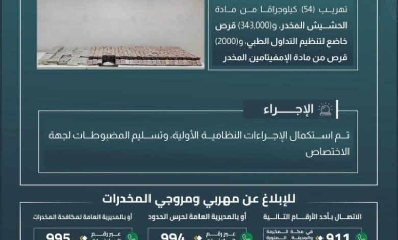 إحباط محاولة تهريب 54 كجم من الحشيش و343 ألف قرص مخدر في "الدائر"