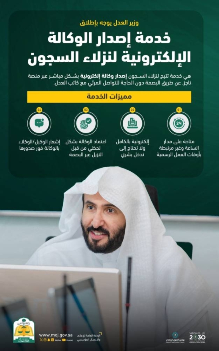 إطلاق خدمة جديدة تسمح بنزلاء السجون بإصدار الوكالة الإلكترونية بسهولة وسرعة