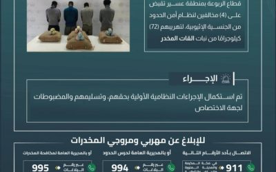 إلقاء القبض على أربعة أشخاص متورطين في تهريب 72 كيلوجراماً من القات في الربوعة