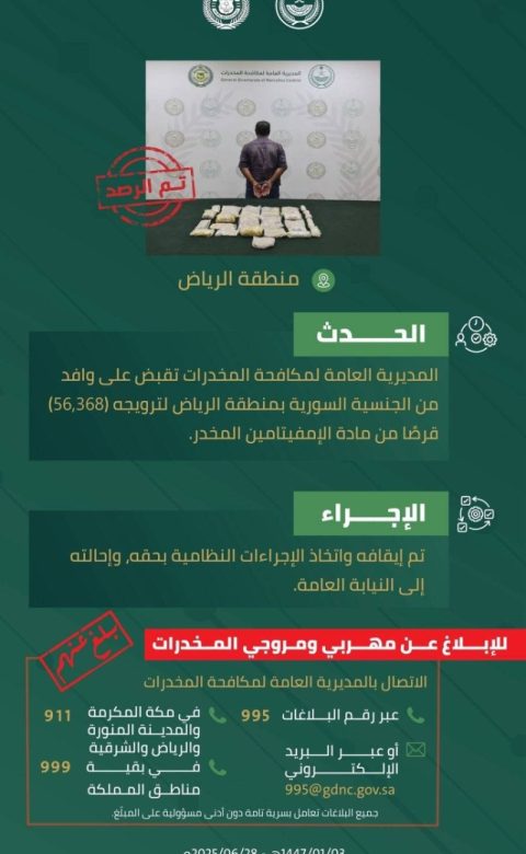 الرياض: القبض على وافد بحوزته 56,368 قرص إمفيتامين خلال عملية الترويج للمخدرات