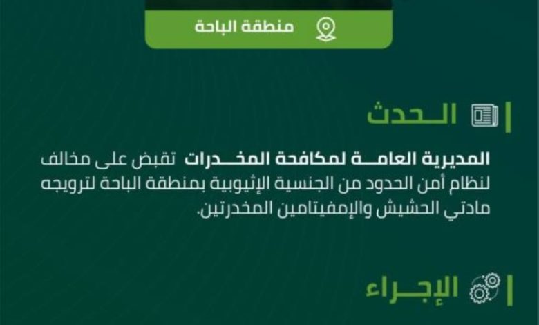 القبض على مروج لمخدرات الحشيش والإمفيتامين في الباحة ينافي نظام أمن الحدود