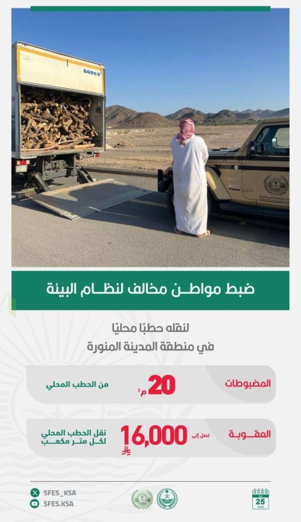 القوات الخاصة للأمن البيئي تعتقل مواطنًا لنقله حطبًا محليًا في المدينة المنورة