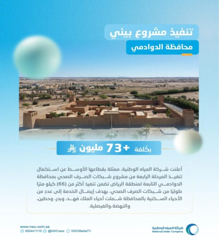 “المياه الوطنية” تشرع في تنفيذ مشروع متكامل لشبكات الصرف الصحي في الدوادمي بتكلفة تفوق 73 مليون ريال