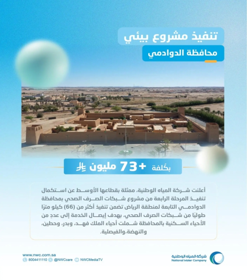 "المياه الوطنية" تشرع في تنفيذ مشروع متكامل لشبكات الصرف الصحي في الدوادمي بتكلفة تفوق 73 مليون ريال