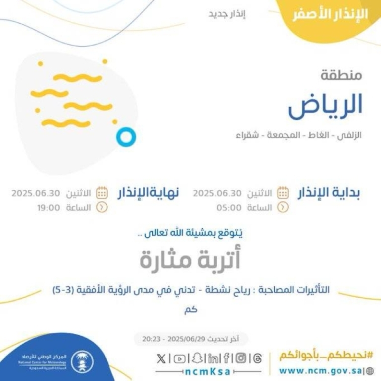 توقعات بأتربة مثارة في منطقة الرياض غدًا وتحذيرات من الأرصاد الجوية