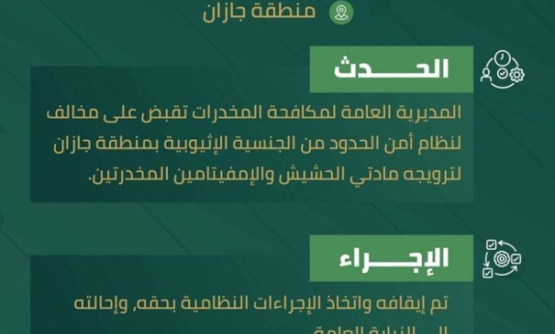 جازان: القبض على مخالف بتهمة ترويج المواد المخدرة في المنطقة