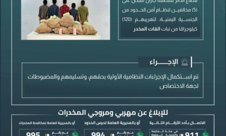 حرس الحدود بجازان يتصدى لخمسة مهربين ويحبط تفريغ 120 كيلوجرامًا من القات المخدر