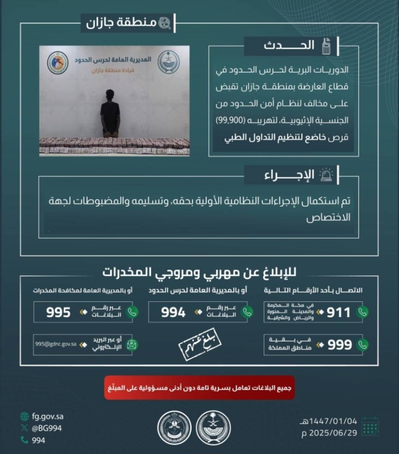 حرس الحدود بجازان يضبط مخالفاً لتهريب 99,900 قرص خاضع لتنظيم التداول الطبي