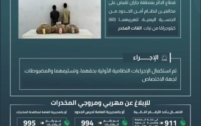 حرس الحدود بجازان يضبط مخالفين لنظام أمن الحدود بحوزتهما 60 كيلوجرامًا من نبات القات