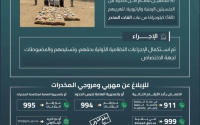 حرس الحدود بجازان يطيح بأربعة مهربين يحملون 560 كيلوجرامًا من مخدر القات