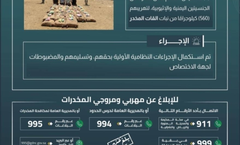 حرس الحدود بجازان يطيح بأربعة مهربين يحملون 560 كيلوجرامًا من مخدر القات