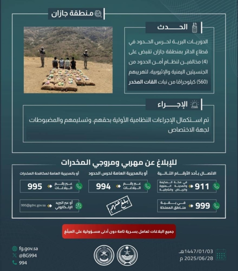 حرس الحدود بجازان يطيح بأربعة مهربين يحملون 560 كيلوجرامًا من مخدر القات