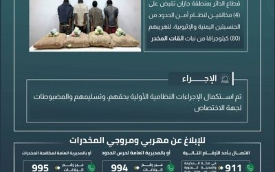 حرس الحدود بجازان يعتقل أربعة أشخاص حاولوا تهريب 80 كيلو من نبات القات المخدر
