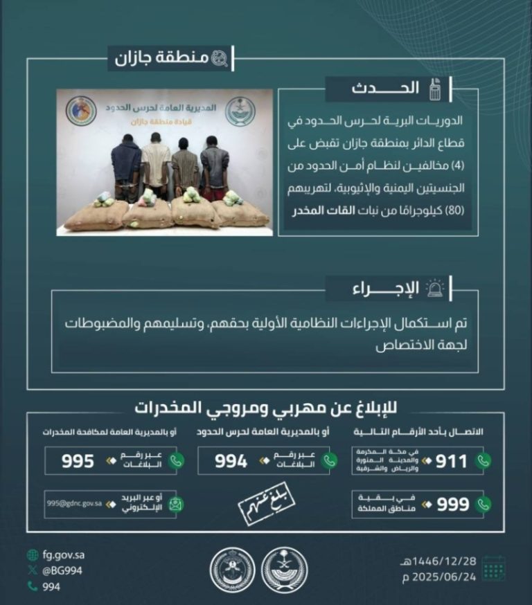 حرس الحدود بجازان يعتقل أربعة أشخاص حاولوا تهريب 80 كيلو من نبات القات المخدر