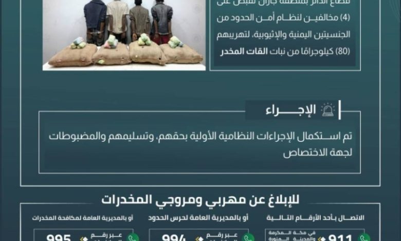 حرس الحدود بجازان يعتقل أربعة أشخاص حاولوا تهريب 80 كيلو من نبات القات المخدر