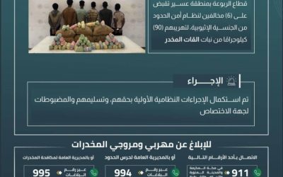 حرس الحدود بعسير يحبط محاولة تهريب 90 كيلوجرامًا من القات ويقبض على 6 مخالفين