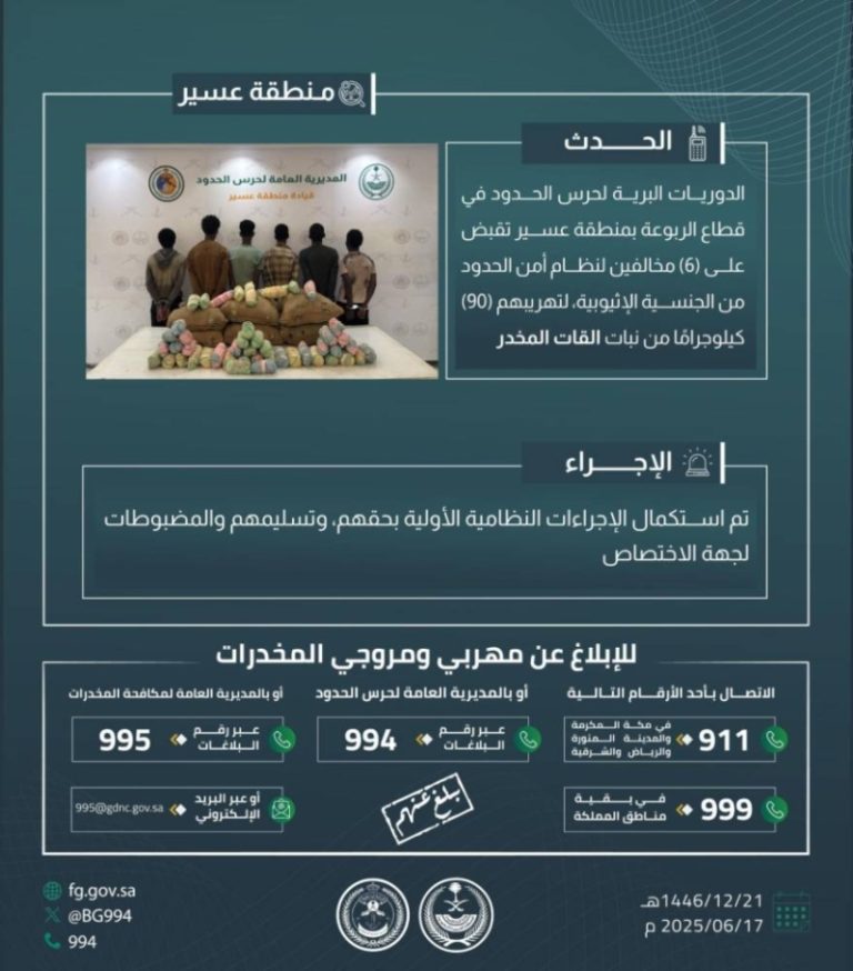 حرس الحدود بعسير يحبط محاولة تهريب 90 كيلوجرامًا من القات ويقبض على 6 مخالفين