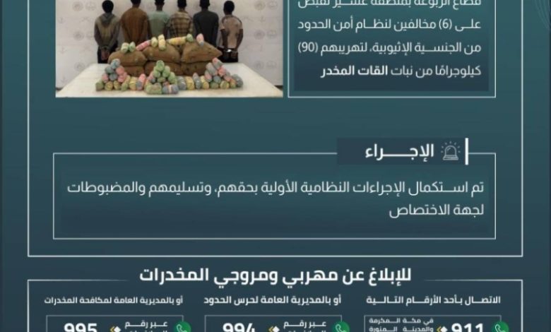 حرس الحدود بعسير يحبط محاولة تهريب 90 كيلوجرامًا من القات ويقبض على 6 مخالفين
