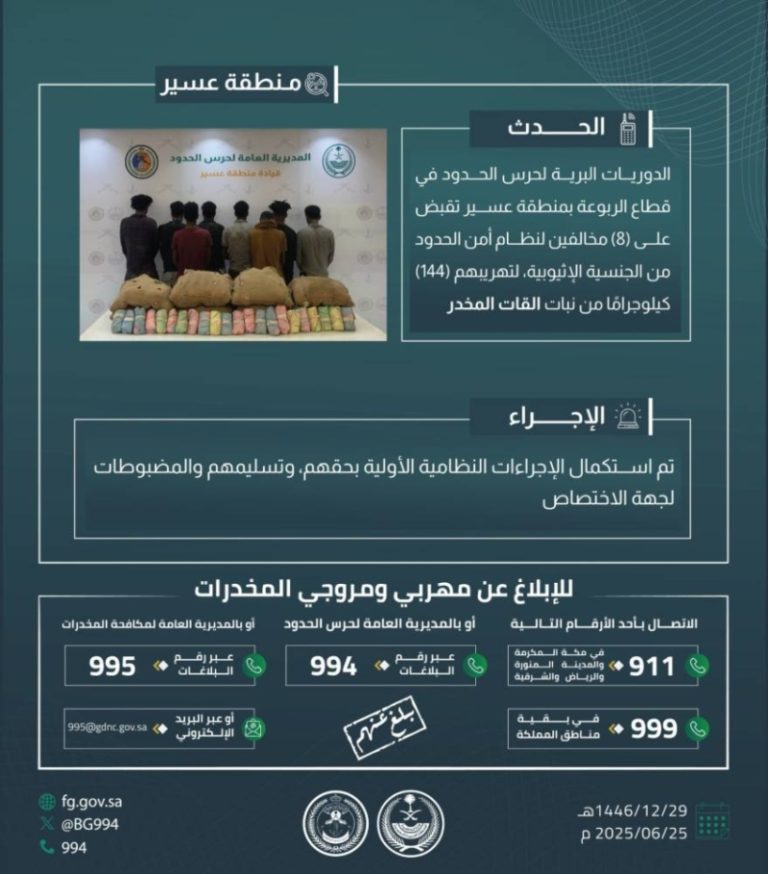 حرس الحدود بعسير يعتقل ثمانية مخالفين لتهريب 144 كيلوجرامًا من القات المخدر