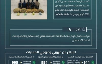 حرس الحدود بعسير يعتقل خمسة أشخاص بتهمة تهريب مائة كيلوغرام من القات المخدر