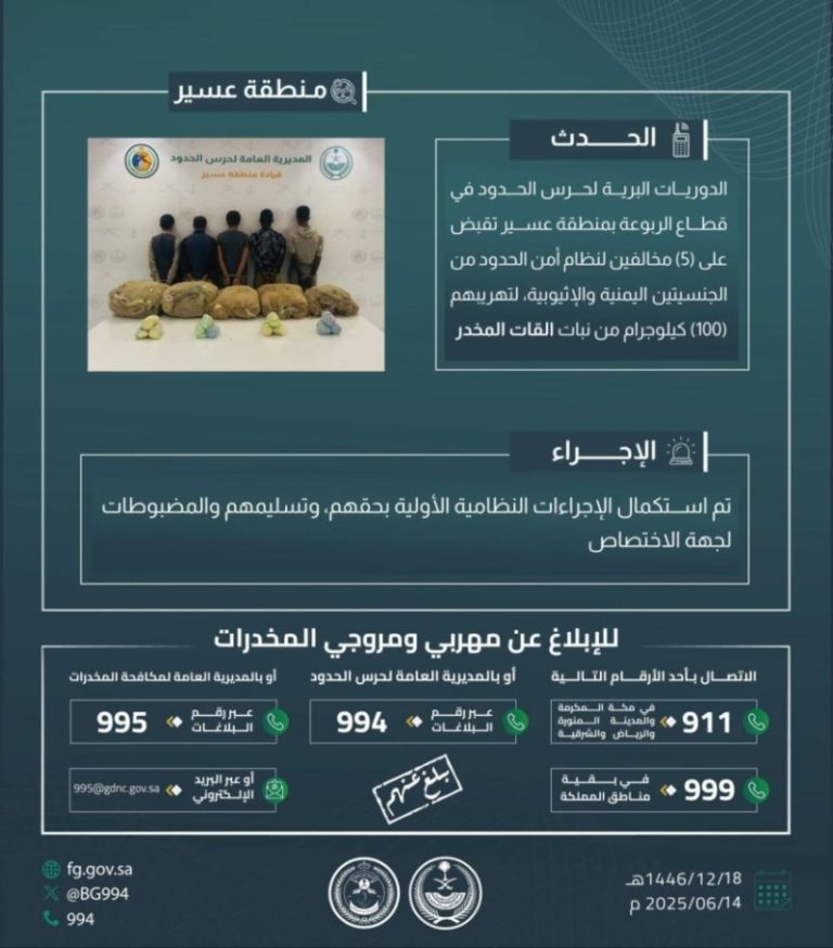 حرس الحدود بعسير يعتقل خمسة أشخاص بتهمة تهريب مائة كيلوغرام من القات المخدر