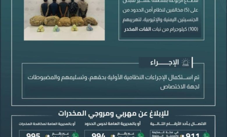 حرس الحدود بعسير يعتقل خمسة أشخاص بتهمة تهريب مائة كيلوغرام من القات المخدر