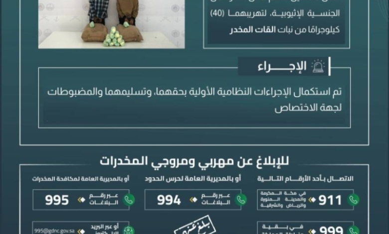 حرس الحدود بعسير يعتقل شخصين بتهمة تهريب 40 كيلوجرامًا من نبات القات المخدر