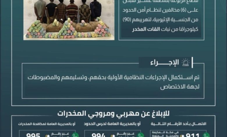 حرس الحدود بعسير يلقي القبض على 6 أشخاص لنقلهم 90 كيلوجرامًا من نبات القات المخدر