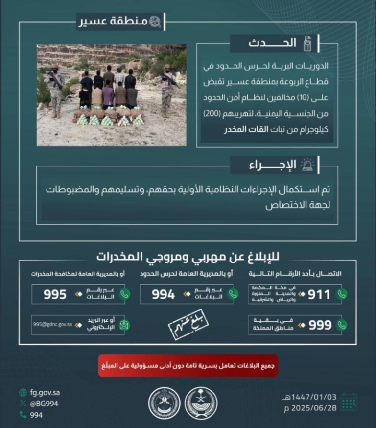 حرس الحدود بعسير ينجح في القبض على عشرة مهربين بحوزتهم مئتي كيلوجرام من القات المخدر