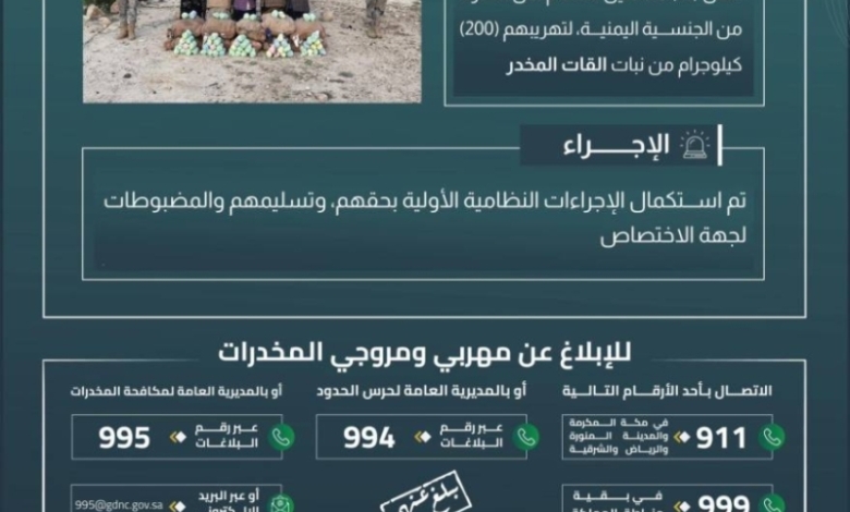 حرس الحدود بعسير ينجح في القبض على عشرة مهربين بحوزتهم مئتي كيلوجرام من القات المخدر