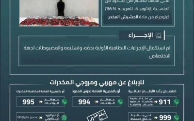 حرس الحدود في جازان يضبط مخالفًا أثناء تهريبه 165.5 كيلو من الحشيش المخدر