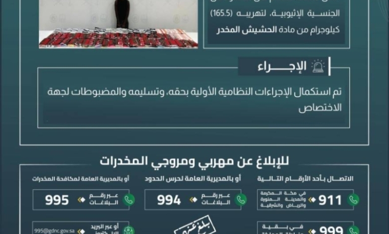 حرس الحدود في جازان يضبط مخالفًا أثناء تهريبه 165.5 كيلو من الحشيش المخدر