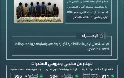 حرس الحدود في جازان يعتقل 7 أشخاص لتهريبهم 140 كيلوجرامًا من نبات القات المخدر