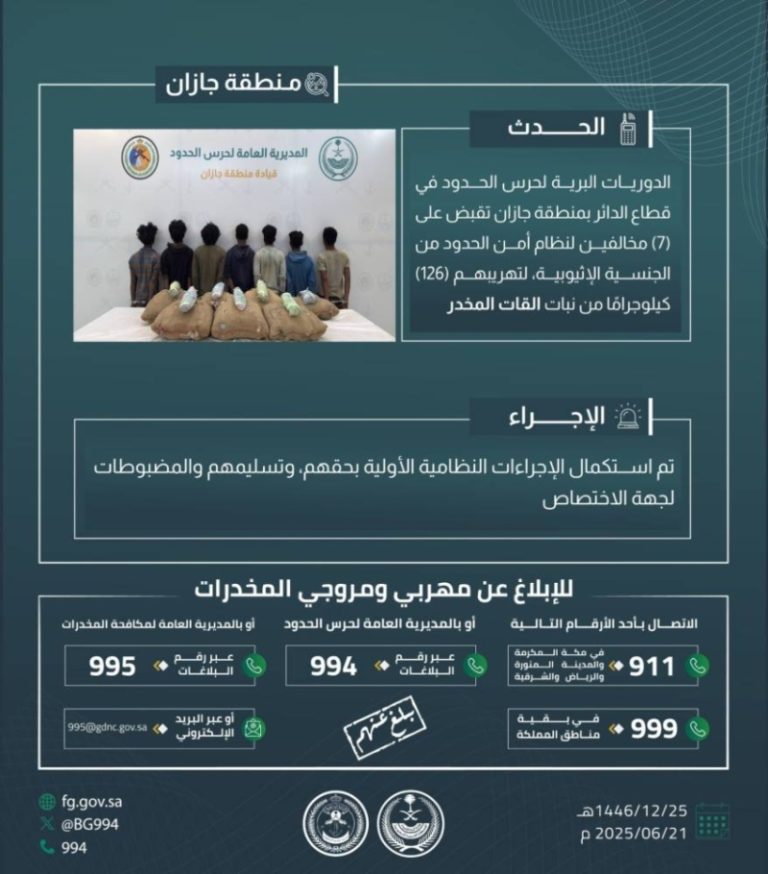 حرس الحدود في جازان يواجه سبعة مخالفين ويمسك بكمية 126 كيلوغرامًا من القات