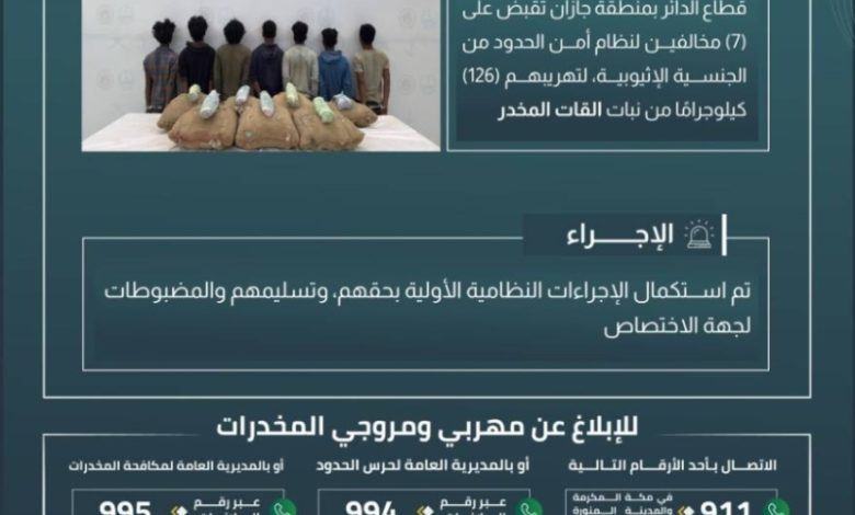 حرس الحدود في جازان يواجه سبعة مخالفين ويمسك بكمية 126 كيلوغرامًا من القات