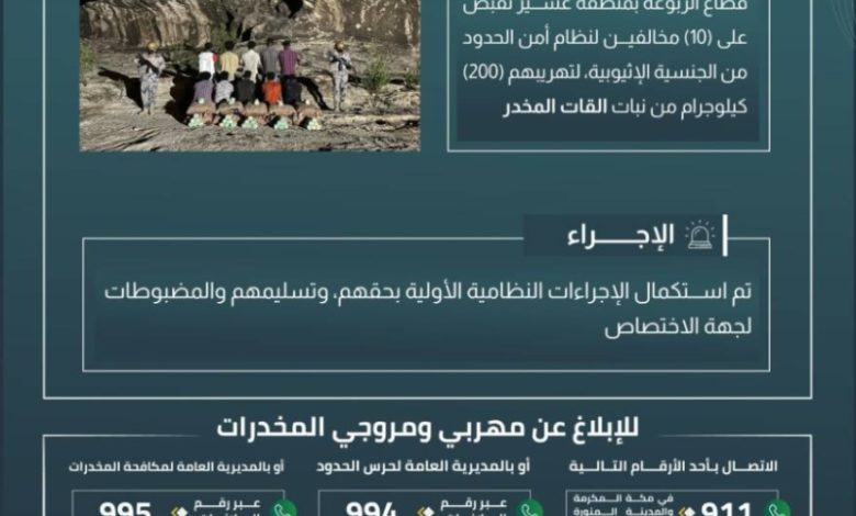 حرس الحدود في عسير يعتقل عشرة أشخاص حاولوا تهريب 200 كيلوجرام من القات المخدر