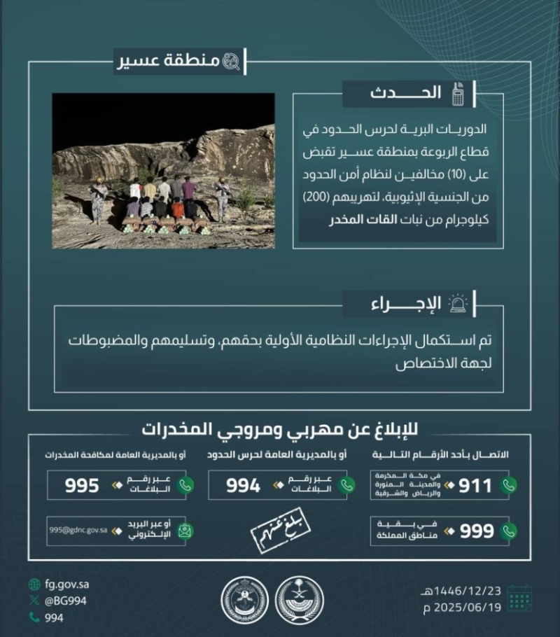 حرس الحدود في عسير يعتقل عشرة أشخاص حاولوا تهريب 200 كيلوجرام من القات المخدر