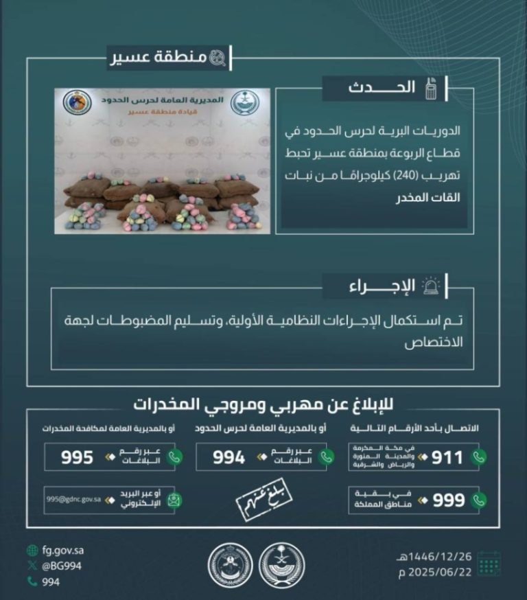 حرس الحدود في عسير ينجح في إحباط تهريب 240 كيلوغراماً من نبات القات المحظور