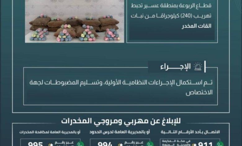 حرس الحدود في عسير ينجح في إحباط تهريب 240 كيلوغراماً من نبات القات المحظور