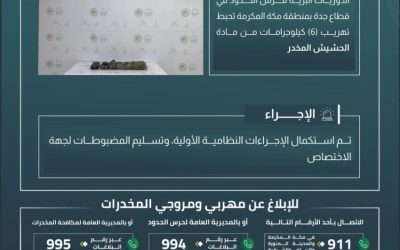 حرس الحدود في مكة ينجح في إحباط محاولة تهريب 6 كيلوجرامات من الحشيش المخدر