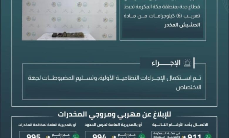 حرس الحدود في مكة ينجح في إحباط محاولة تهريب 6 كيلوجرامات من الحشيش المخدر