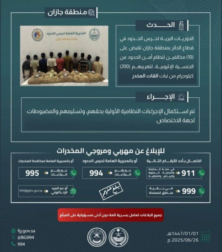 ضبط 10 أشخاص في جازان لتورطهم في تهريب 200 كيلوجرام من نبات القات