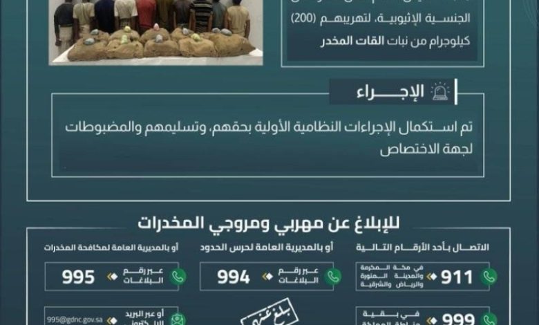 ضبط 10 أشخاص في جازان لتورطهم في تهريب 200 كيلوجرام من نبات القات