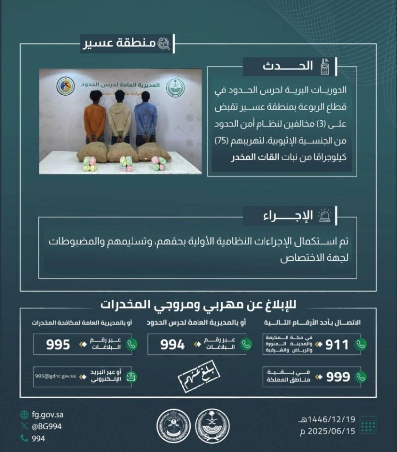 ضبط حرس الحدود بعسير ثلاثة مخالفين لتهريب 75 كيلوجرامًا من نبات القات المخدر