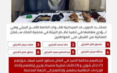 ضبط ستة أشخاص خالفوا قوانين الصيد في مناطق محظورة بمحمية الملك سلمان الملكية