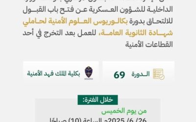 فتح باب القبول لدورة بكالوريوس العلوم الأمنية لحاملي الثانوية العامة في كلية الملك فهد الخميس المقبل
