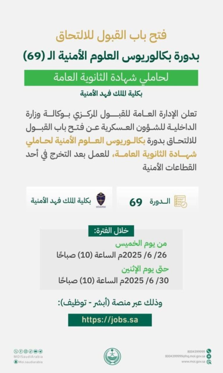 فتح باب القبول لدورة بكالوريوس العلوم الأمنية لحاملي الثانوية العامة في كلية الملك فهد الخميس المقبل