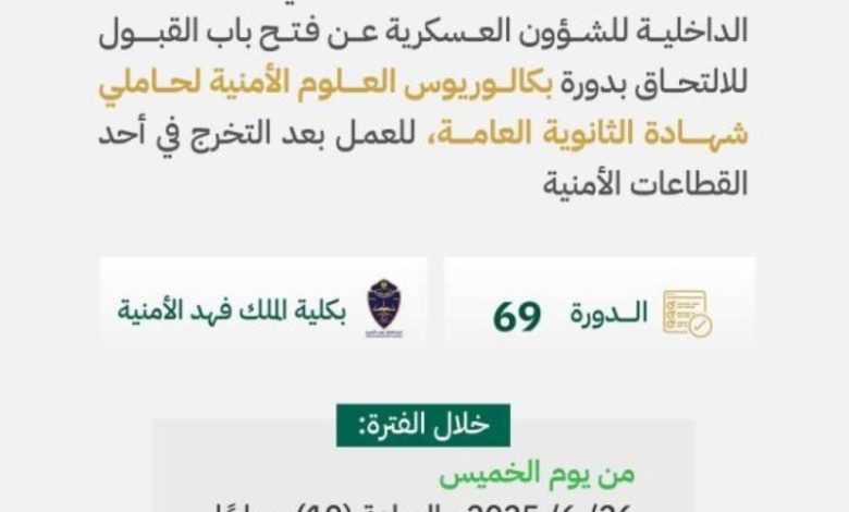 فتح باب القبول لدورة بكالوريوس العلوم الأمنية لحاملي الثانوية العامة في كلية الملك فهد الخميس المقبل