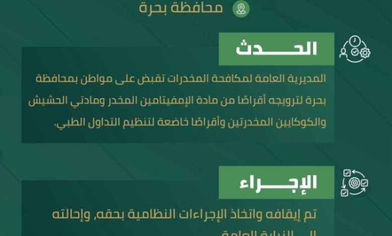 قوة أمنية في محافظة بحرة تلقي القبض على مواطن بتهمة ترويج المخدرات