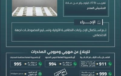 كشف وإحباط تهريب حوالي 17.9 كيلوجرام من الحشيش في منطقة جازان